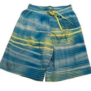 Under Armour Mens Swim Trunks S Blue & Yellow Striped Elastic Waist Mesh Lining